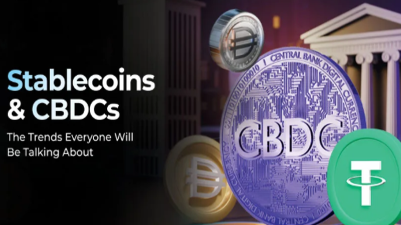 A high-tech digital balance scale with a government CBDC logo on one side and a private stablecoin symbol on the other, overlooking a skyline of luxury properties.