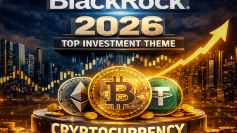 A professional high-contrast graphic of Larry Fink with a background of digital blockchain nodes and the BlackRock logo, featuring a growth chart towards $500M.
