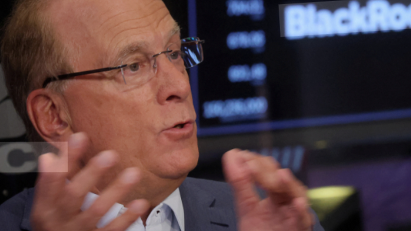 A high-end 3D visual of the BlackRock logo glowing alongside a digital blockchain lattice and a rising $500M revenue bar chart, representing institutional crypto growth.