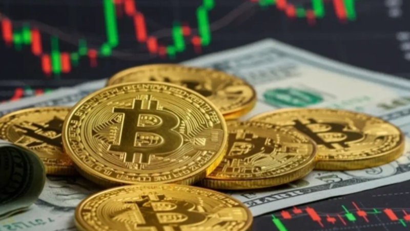 A split-screen digital graphic showing a rising Bitcoin price candle on one side and a falling oil barrel with a downward arrow on the other, set against a background of a peaceful global map.