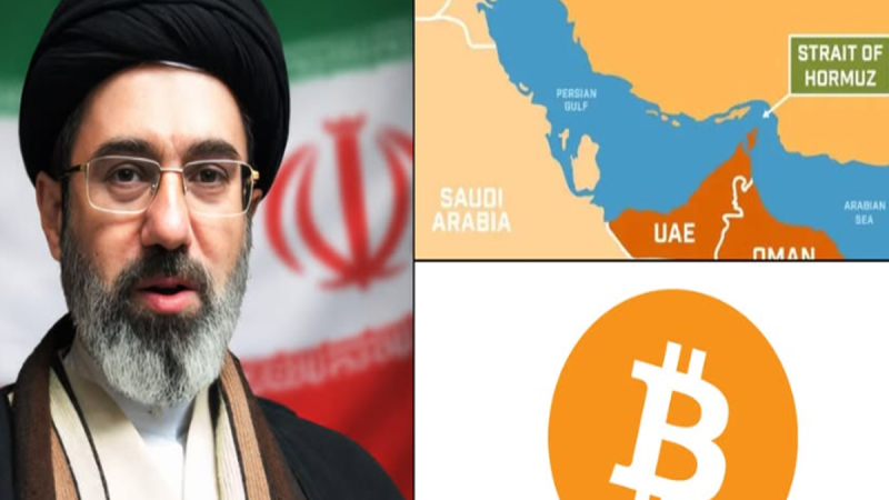 Oil tankers crossing the Strait of Hormuz with symbols of yuan and cryptocurrency representing alternative settlement routes