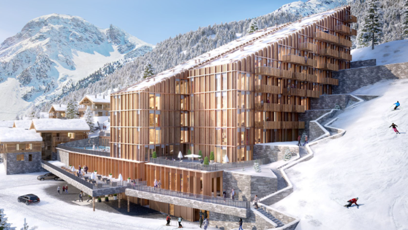 Stunning architectural rendering of custom premium property in Switzerland (Alpine Luxury Wilderness Chalets) with overlaid cryptographic ledger metrics.