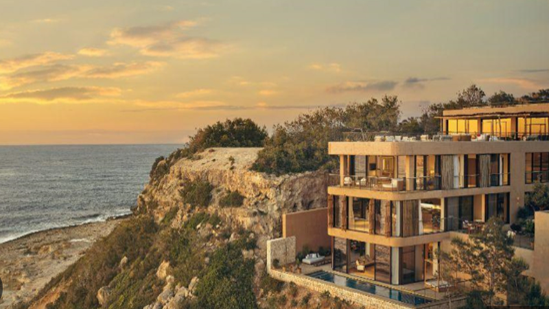 Stunning architectural rendering of custom premium property in Spain (Ibiza Sunset Luxury Party Estates) with overlaid cryptographic ledger metrics.