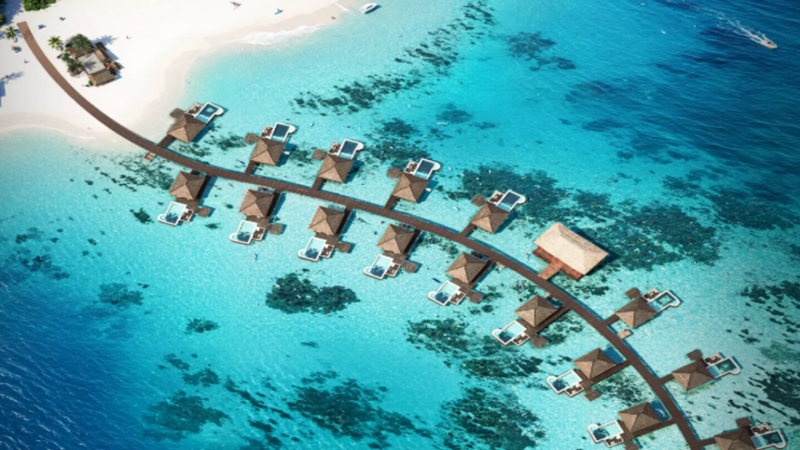 Stunning architectural rendering of custom premium property in Maldives (Ocean Blu Overwater Bungalows) with overlaid cryptographic ledger metrics.