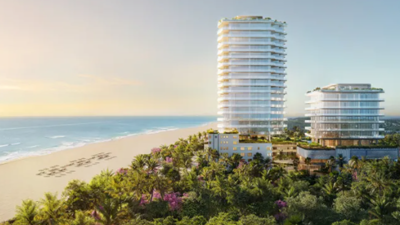 Stunning architectural rendering of custom premium property in Miami Beach (Atlantic Oceanfront Condominiums) with overlaid cryptographic ledger metrics.