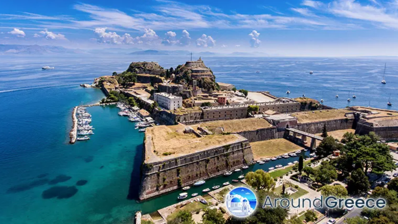 Architectural rendering of luxury oceanfront villas and superyacht marina in Corfu with digital blockchain network overlay graphics.