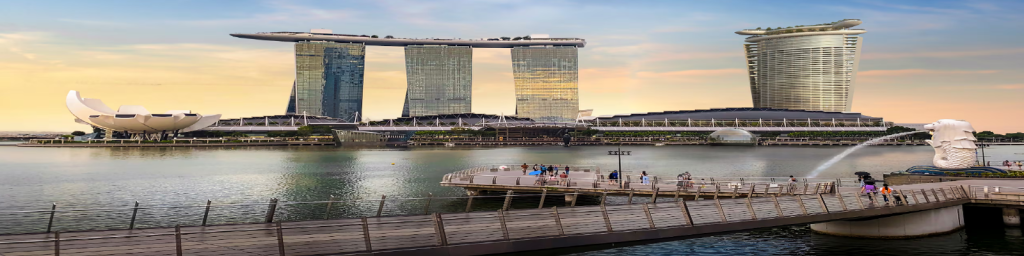 Futuristic architectural rendering of Singapore's Marina Bay Financial Centre skyline.