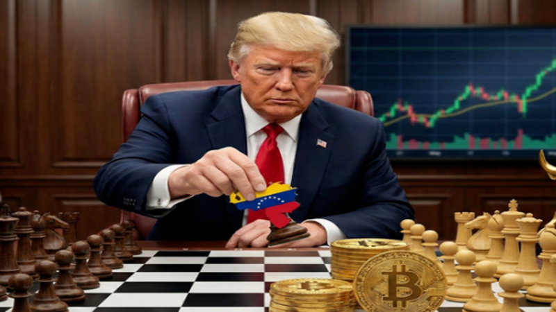 A financial graphic illustrating global oil market trend lines, geopolitical map overlays, and tokenized RWA blockchain network nodes