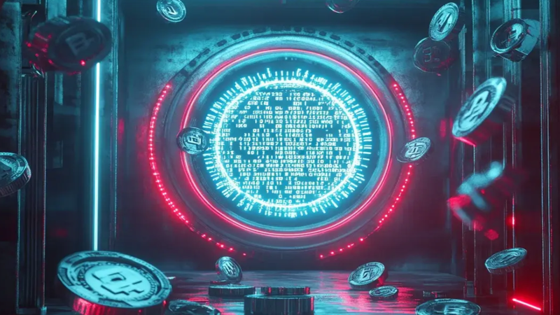 Conceptual digital background depicting artificial intelligence surveillance network overlaying digital cryptocurrency market charts.