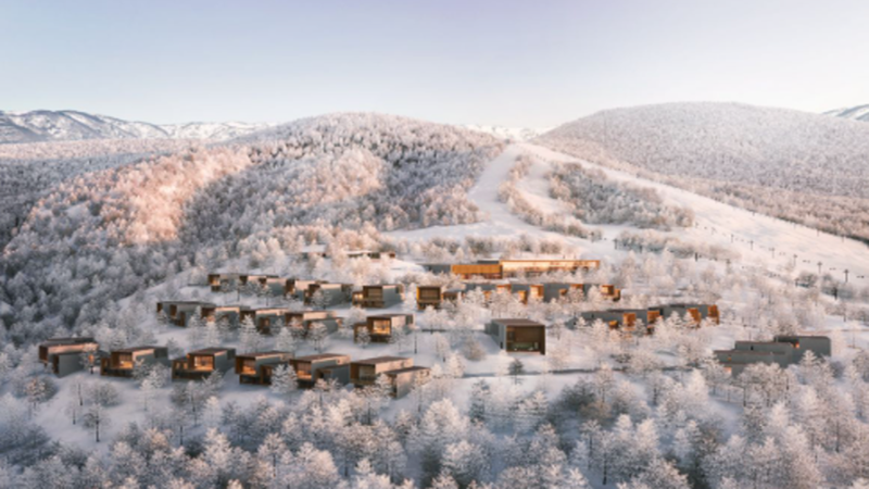 now-covered luxury ski chalet in Niseko, Hokkaido at night with glowing architectural lights and overlaying blockchain security token networks.