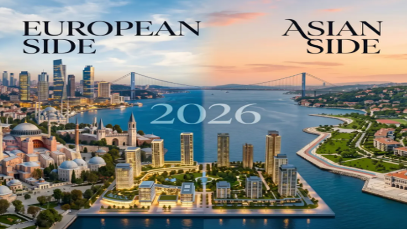 Architectural skyline of the Bosphorus Bridge and Levent commercial towers in Istanbul with digital blockchain network overlay graphics.