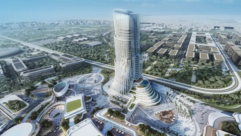 Architectural rendering of modern coastal luxury towers at Ellinikon and the Athens Riviera with digital blockchain network overlay graphics.
