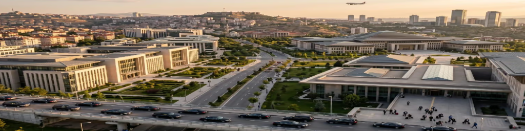 Architectural view of Ankara commercial skyline and diplomatic district with digital blockchain network overlay graphics.