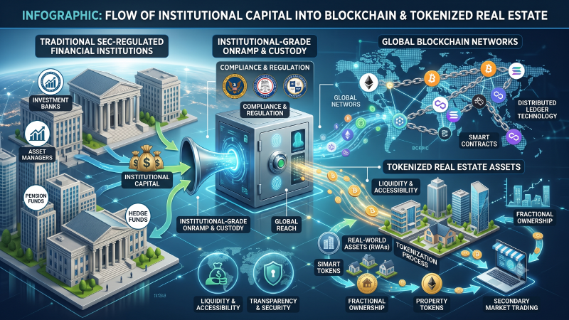 Infographic visualizing the flow of institutional capital from traditional SEC-regulated financial institutions into global blockchain networks and tokenized real estate assets.