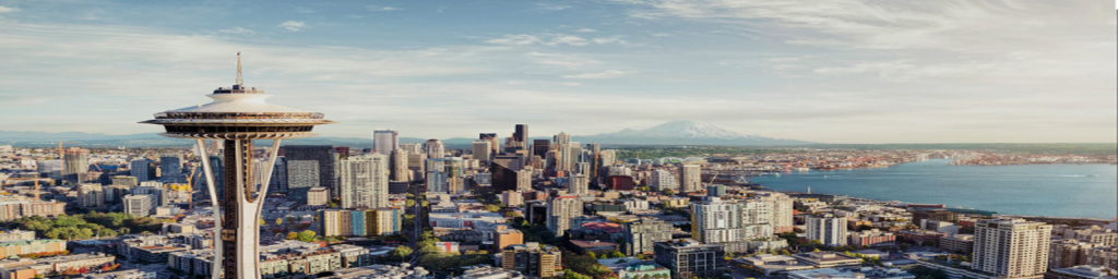 The prominent tower on the left side of the image is the Space Needle, an iconic 605-foot (184-meter) observation tower located in Seattle, Washington. Built as the cultural centerpiece for the 1962 World's Fair (Century 21 Exposition), its futuristic design reflects the era's space-age theme. The landmark offers panoramic views of the downtown skyline, Puget Sound, and the snow-capped Mount Rainier visible in the background./credit: ttra.com