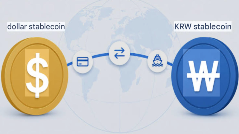 Infographic showing the conversion of South Korean Won (KRW) into regulated stablecoins, flowing instantly across digital blockchain nodes to acquire global real estate assets.