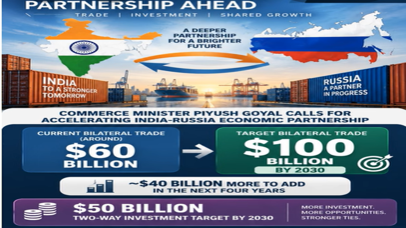 India and Russia are targeting $100 billion in bilateral trade by 2030. Commerce and Industry Minister Piyush Goyal said current bilateral trade is around $60 billion, meaning about $40 billion more would need to be added over the next four years.