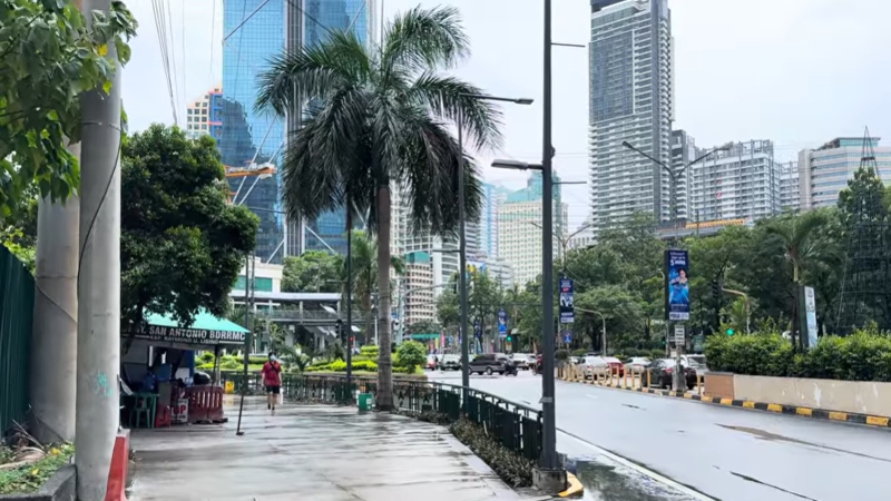 Illuminated modern skyline of Bonifacio Global City (BGC) in Manila at dusk with digital blockchain nodes and security token graphics overlaying luxury condominium towers.